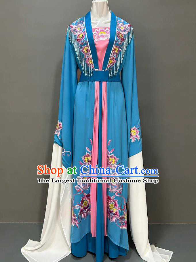 Yue Opera Hua Dan Blue Dress Chinese Opera Young Lady Costume Embroidery Matching Cape