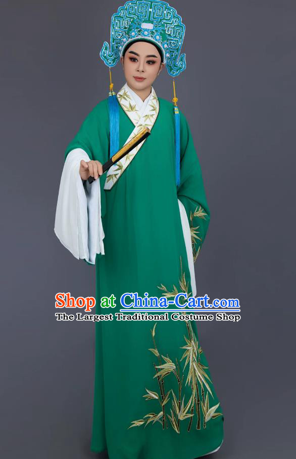 Green Linen Yue Opera Xiaosheng Costume Bamboo Leaf Embroidery Scholar Robe Liang Shanbo Stage Performance Garment