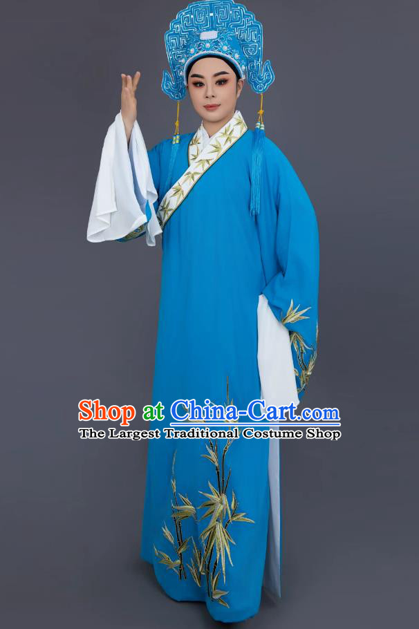 Liang Shanbo Stage Performance Garment Blue Linen Yue Opera Xiaosheng Costume Bamboo Leaf Embroidery Scholar Robe