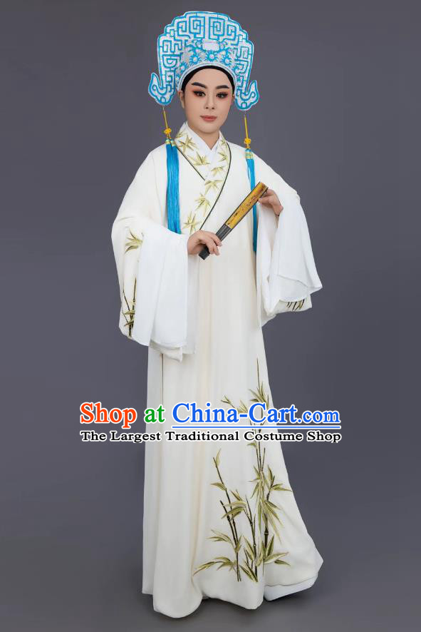 Bamboo Leaf Embroidery Scholar Robe Liang Shanbo Stage Performance Garment White Linen Yue Opera Xiaosheng Costume