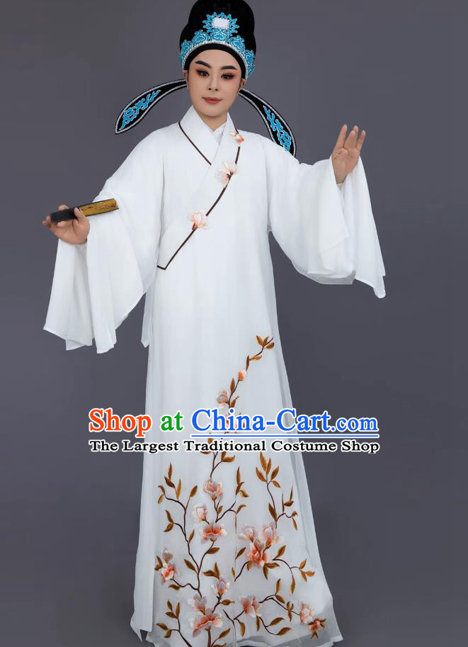 Ancient Chinese Young Male White Robe Yue Opera Xiaosheng Costume Liang Shanbo Traditional Scholar Clothing