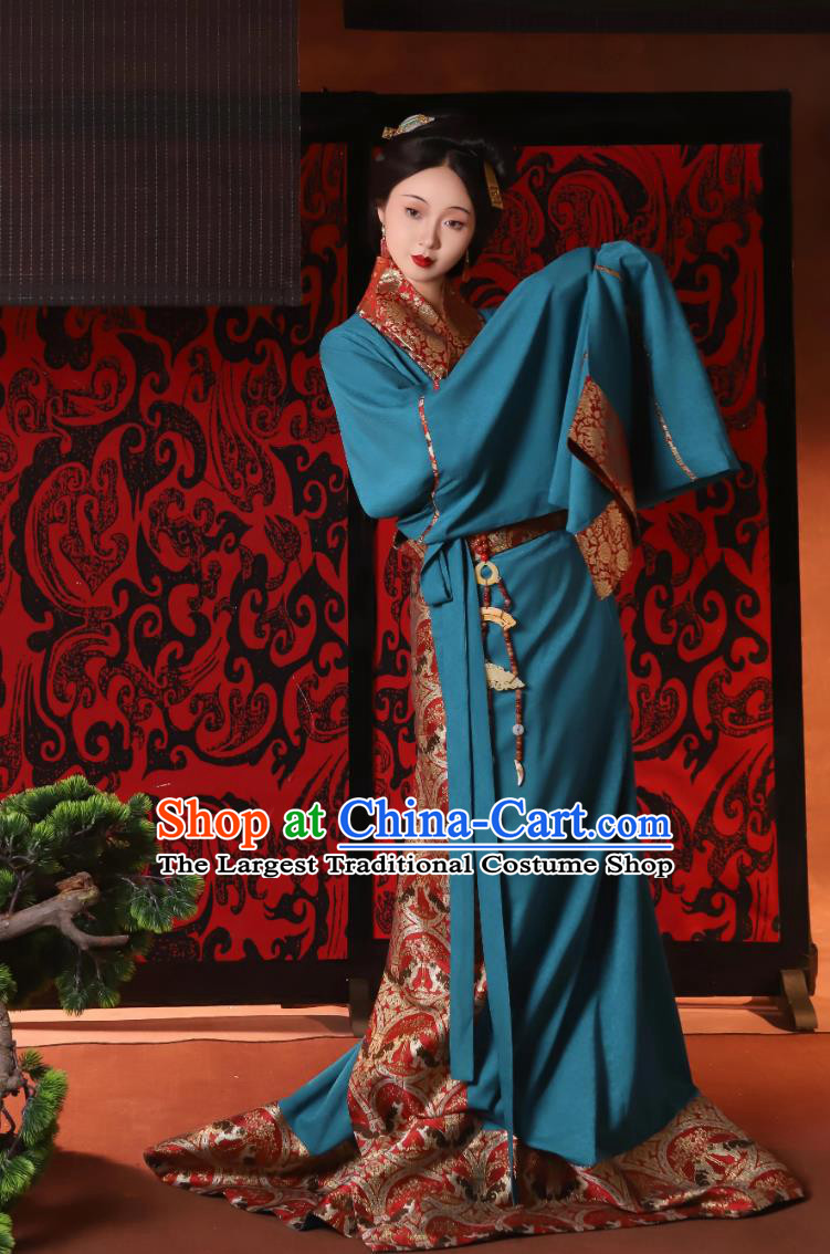 Chu Style Restoration Blue Straight Lapel Robe Traditional Chinese Hanfu Ancient Noble Woman Costume