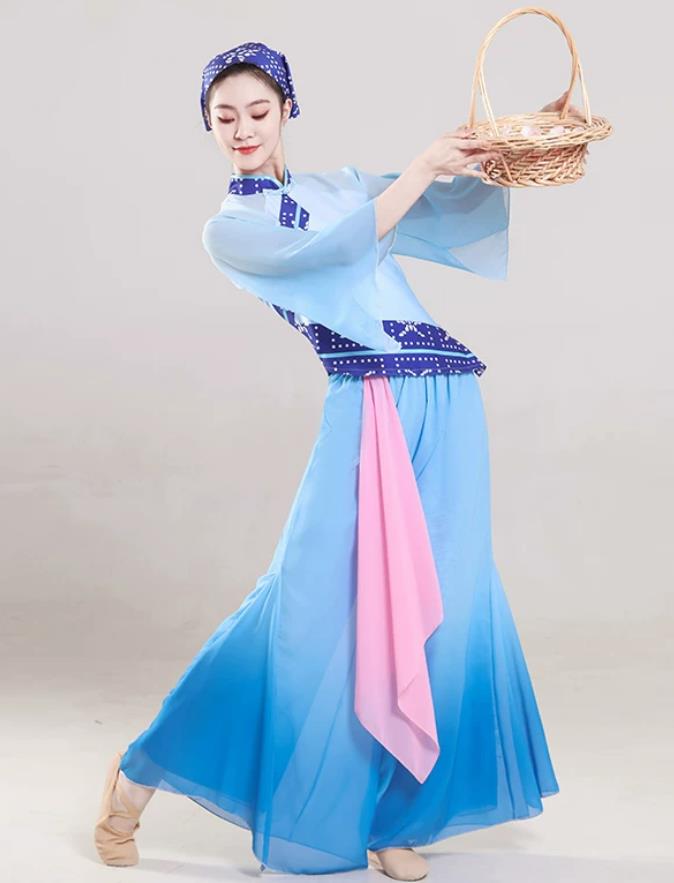 Spring Festival Gala Cai Cha Dance Yangge Performance Costume Ethnic Style Village Girl Folk Dance Blue Outfit
