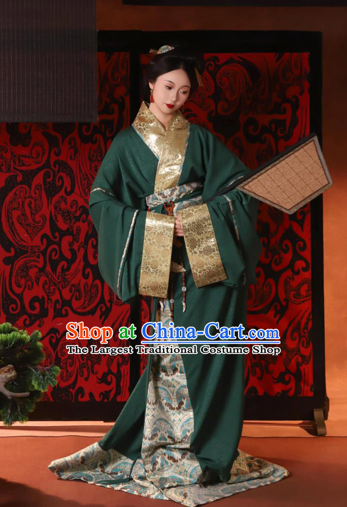 Chu Style Restored Straight Lapel Robe Dark Green Hanfu Dress Traditional Chinese Women Clothing