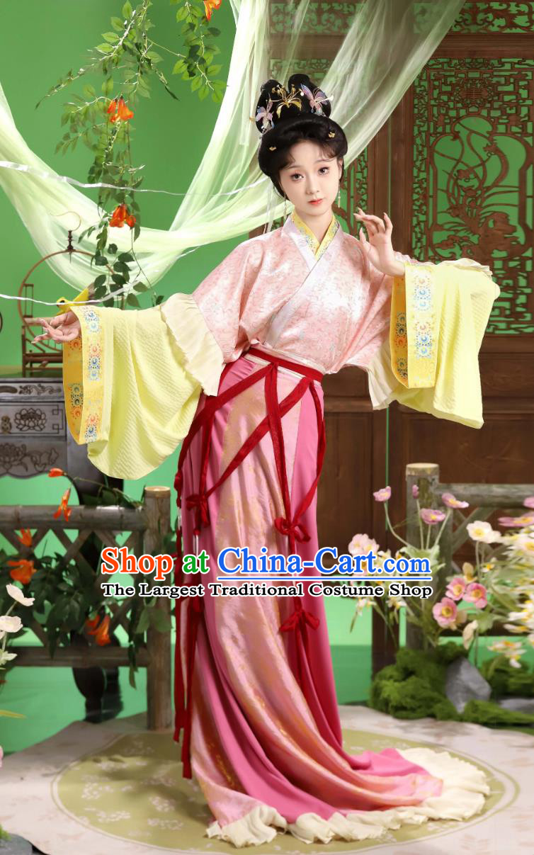 Chinese Hanfu Dress Eastern Han Dynasty Lady Statue Cuffed Hanging Sleeve Lace Pleated Skirt Complete Set