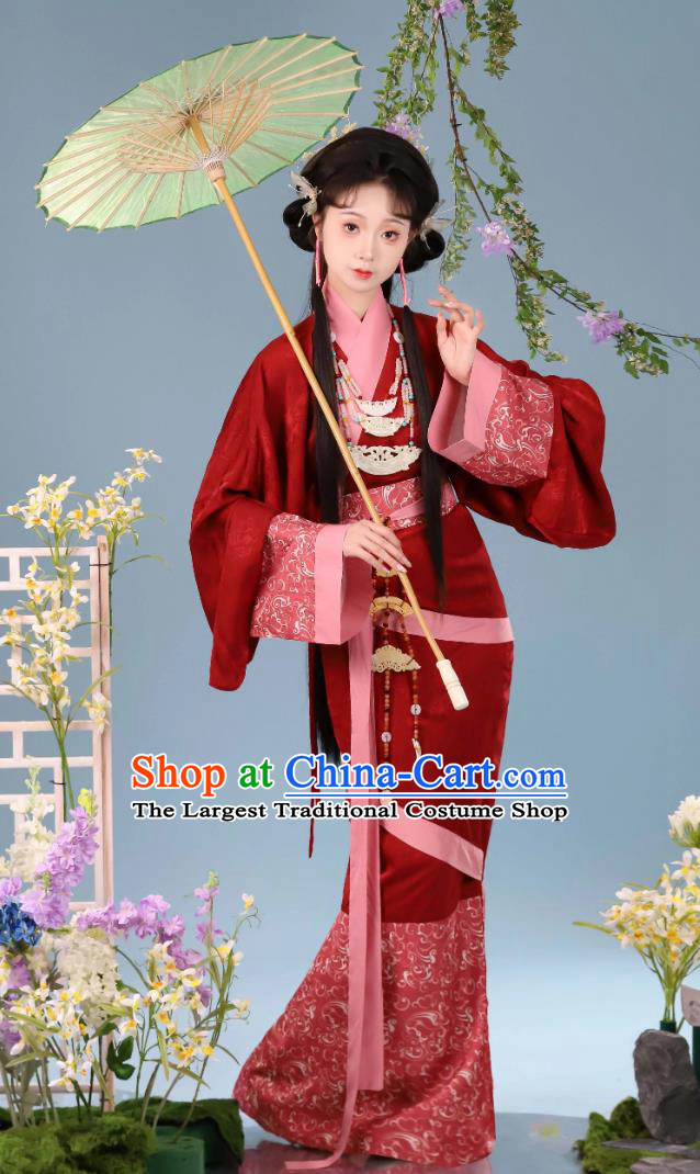 Western Han Dynasty Pottery Figurine Replica Fish Tail Curved Hem Robe Chinese Red Hanfu Dress