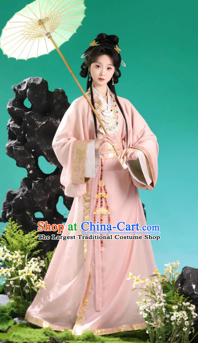 Eastern Han Dynasty Oversized Silhouette Straight Lapel Robe Traditional Chinese Hanfu Ancient Princess Pink Dress